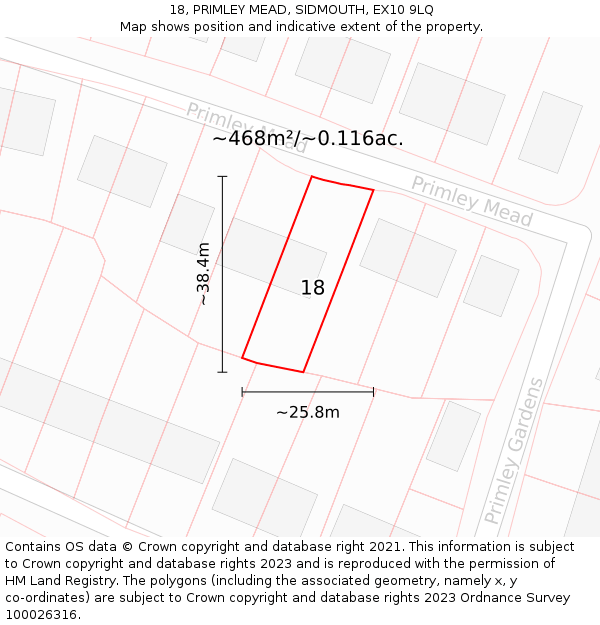 18, PRIMLEY MEAD, SIDMOUTH, EX10 9LQ: Plot and title map