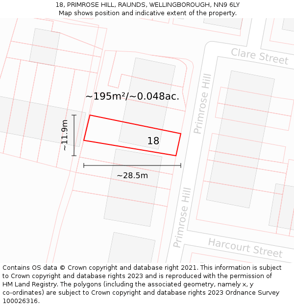 18, PRIMROSE HILL, RAUNDS, WELLINGBOROUGH, NN9 6LY: Plot and title map