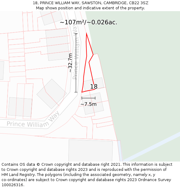 18, PRINCE WILLIAM WAY, SAWSTON, CAMBRIDGE, CB22 3SZ: Plot and title map