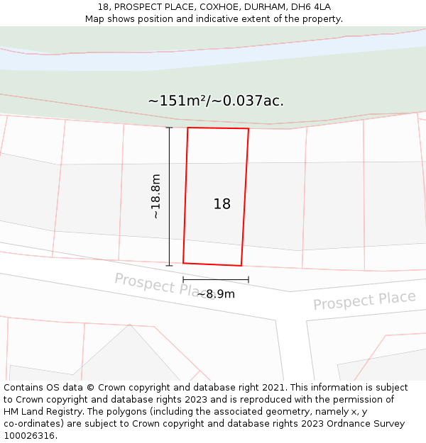18, PROSPECT PLACE, COXHOE, DURHAM, DH6 4LA: Plot and title map