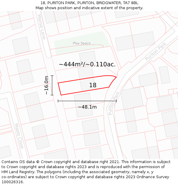 18, PURITON PARK, PURITON, BRIDGWATER, TA7 8BL: Plot and title map