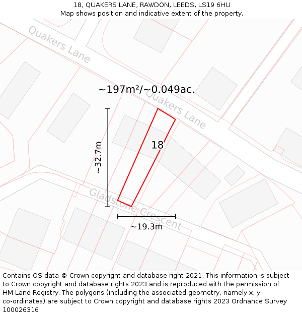 18, QUAKERS LANE, RAWDON, LEEDS, LS19 6HU: Plot and title map