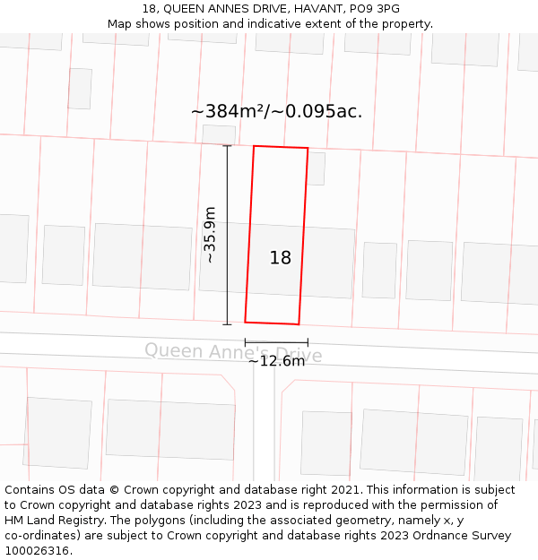 18, QUEEN ANNES DRIVE, HAVANT, PO9 3PG: Plot and title map