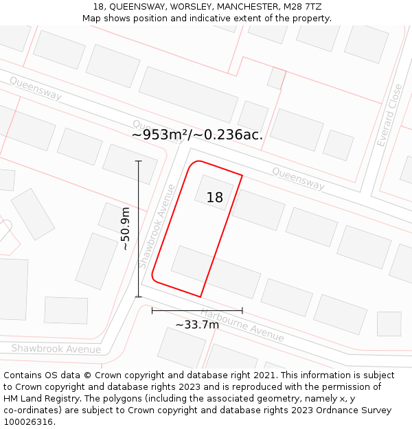 18, QUEENSWAY, WORSLEY, MANCHESTER, M28 7TZ: Plot and title map