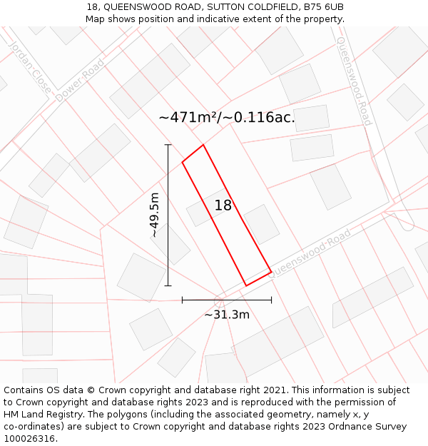 18, QUEENSWOOD ROAD, SUTTON COLDFIELD, B75 6UB: Plot and title map