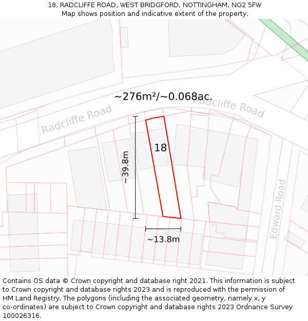 18, RADCLIFFE ROAD, WEST BRIDGFORD, NOTTINGHAM, NG2 5FW: Plot and title map