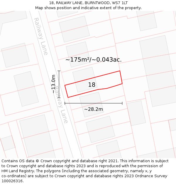 18, RAILWAY LANE, BURNTWOOD, WS7 1LT: Plot and title map