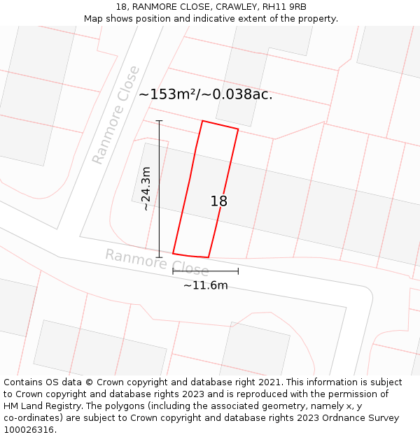 18, RANMORE CLOSE, CRAWLEY, RH11 9RB: Plot and title map