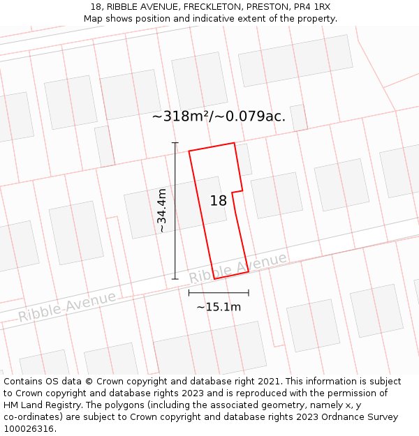 18, RIBBLE AVENUE, FRECKLETON, PRESTON, PR4 1RX: Plot and title map