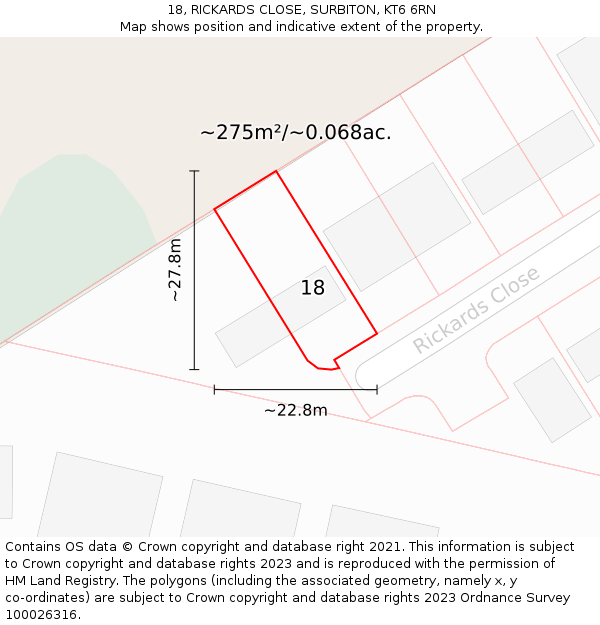 18, RICKARDS CLOSE, SURBITON, KT6 6RN: Plot and title map