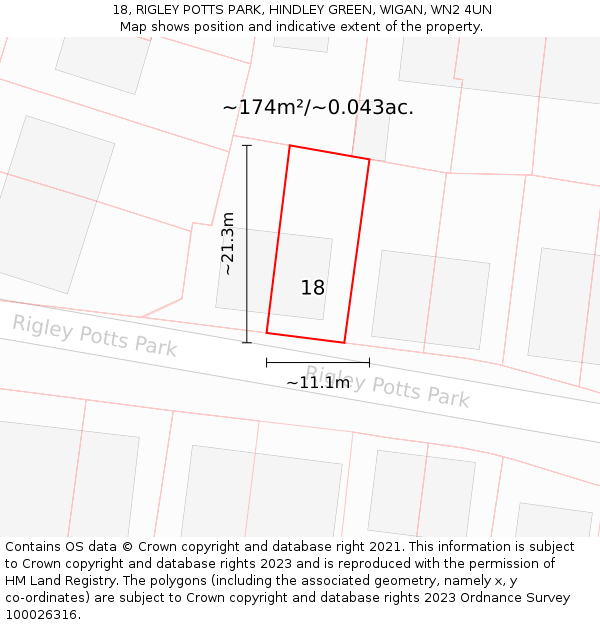 18, RIGLEY POTTS PARK, HINDLEY GREEN, WIGAN, WN2 4UN: Plot and title map