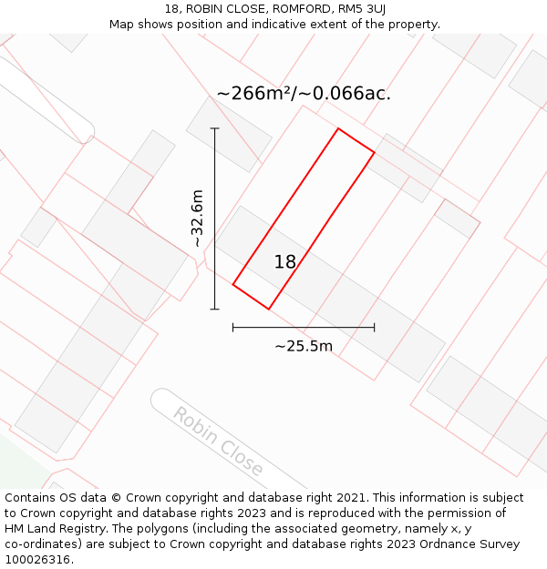 18, ROBIN CLOSE, ROMFORD, RM5 3UJ: Plot and title map