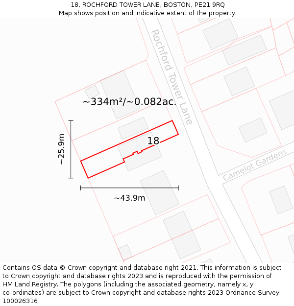 18, ROCHFORD TOWER LANE, BOSTON, PE21 9RQ: Plot and title map