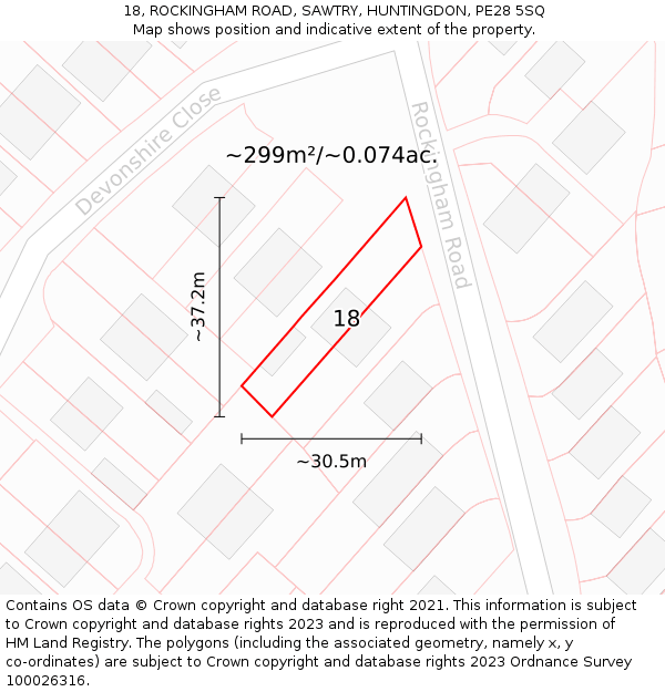 18, ROCKINGHAM ROAD, SAWTRY, HUNTINGDON, PE28 5SQ: Plot and title map