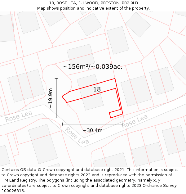 18, ROSE LEA, FULWOOD, PRESTON, PR2 9LB: Plot and title map