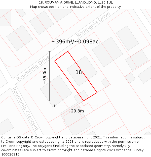 18, ROUMANIA DRIVE, LLANDUDNO, LL30 1UL: Plot and title map