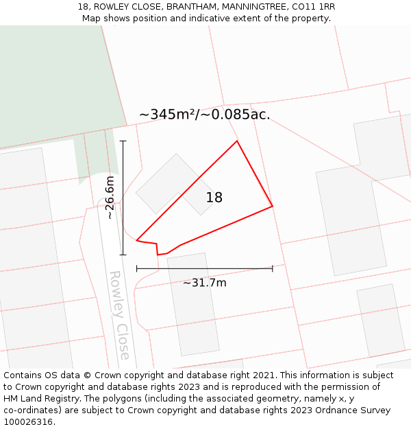 18, ROWLEY CLOSE, BRANTHAM, MANNINGTREE, CO11 1RR: Plot and title map