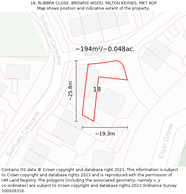 18, RUBBRA CLOSE, BROWNS WOOD, MILTON KEYNES, MK7 8DP: Plot and title map