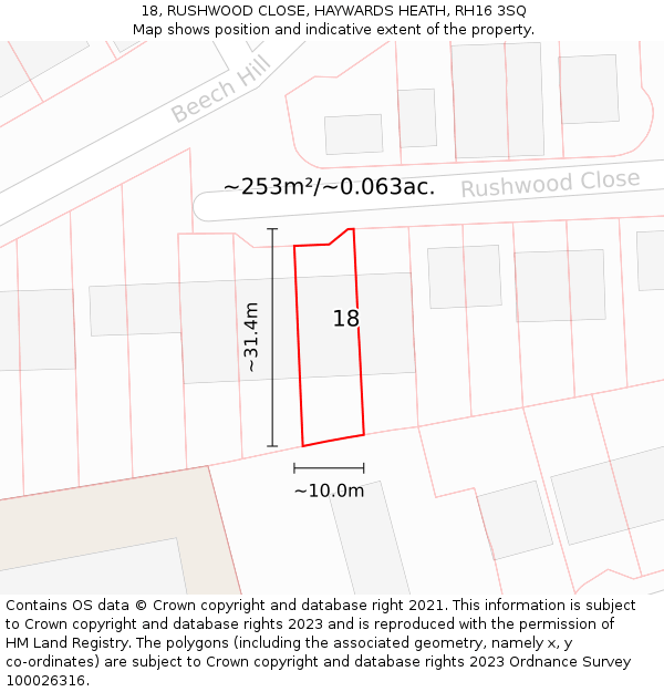 18, RUSHWOOD CLOSE, HAYWARDS HEATH, RH16 3SQ: Plot and title map