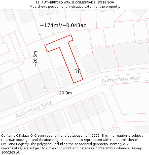 18, RUTHERFORD WAY, BIGGLESWADE, SG18 8GA: Plot and title map