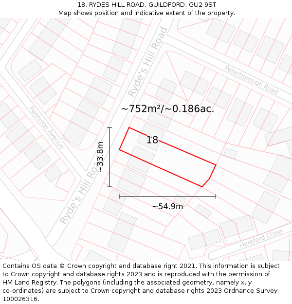 18, RYDES HILL ROAD, GUILDFORD, GU2 9ST: Plot and title map