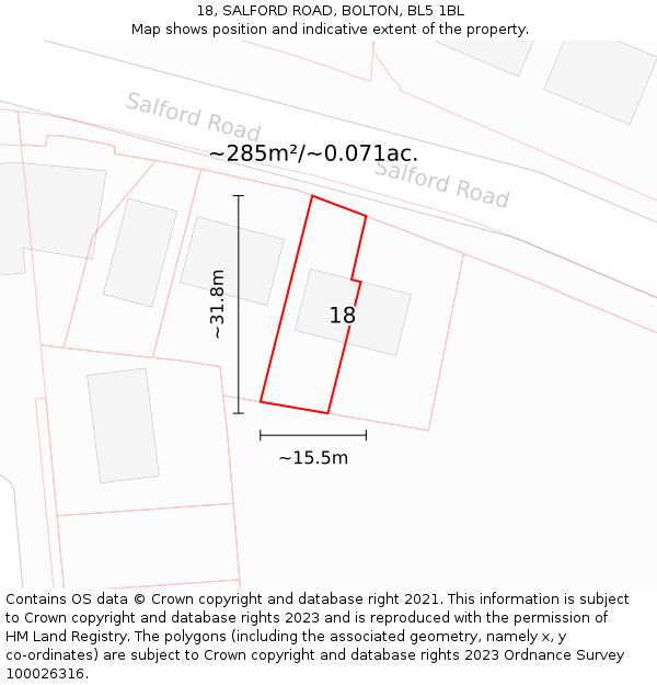 18, SALFORD ROAD, BOLTON, BL5 1BL: Plot and title map