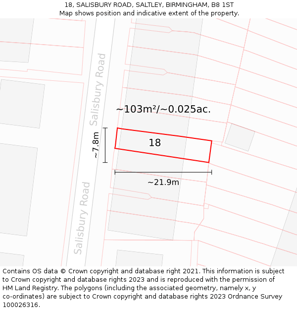 18, SALISBURY ROAD, SALTLEY, BIRMINGHAM, B8 1ST: Plot and title map