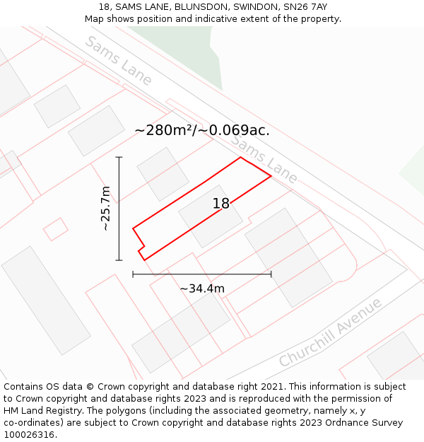 18, SAMS LANE, BLUNSDON, SWINDON, SN26 7AY: Plot and title map