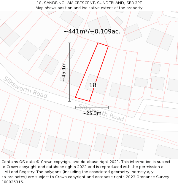 18, SANDRINGHAM CRESCENT, SUNDERLAND, SR3 3PT: Plot and title map