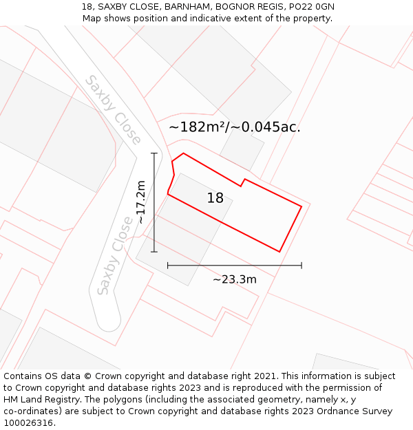 18, SAXBY CLOSE, BARNHAM, BOGNOR REGIS, PO22 0GN: Plot and title map