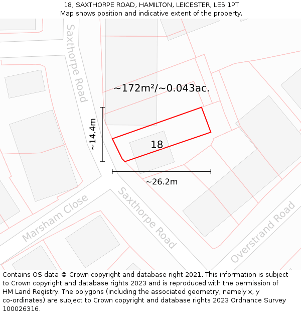 18, SAXTHORPE ROAD, HAMILTON, LEICESTER, LE5 1PT: Plot and title map