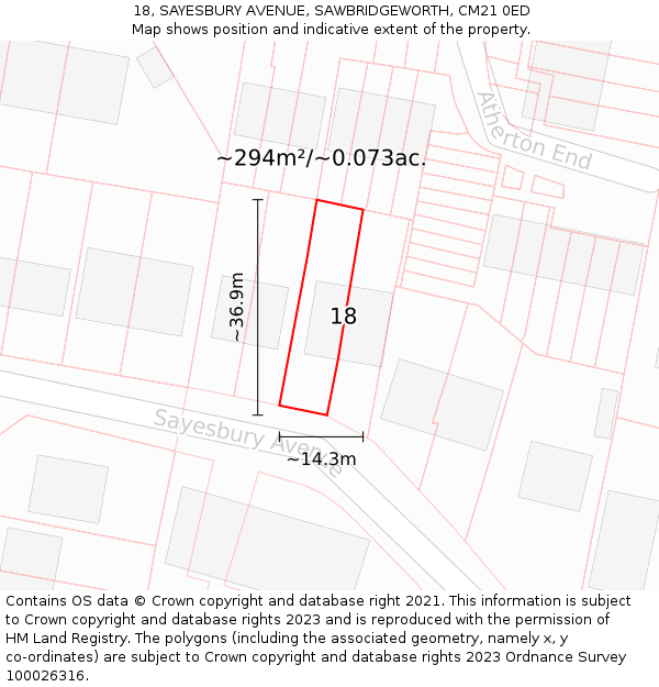 18, SAYESBURY AVENUE, SAWBRIDGEWORTH, CM21 0ED: Plot and title map