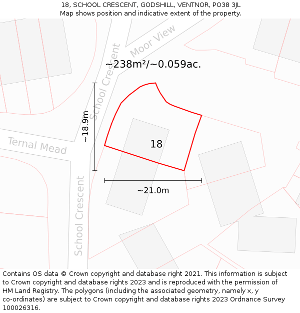 18, SCHOOL CRESCENT, GODSHILL, VENTNOR, PO38 3JL: Plot and title map