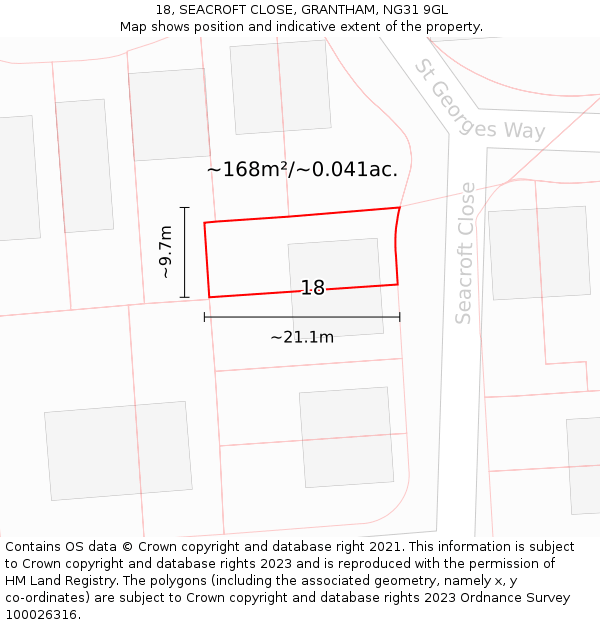 18, SEACROFT CLOSE, GRANTHAM, NG31 9GL: Plot and title map