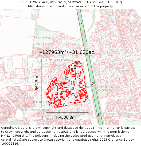 18, SEATON PLACE, WIDEOPEN, NEWCASTLE UPON TYNE, NE13 7HQ: Plot and title map