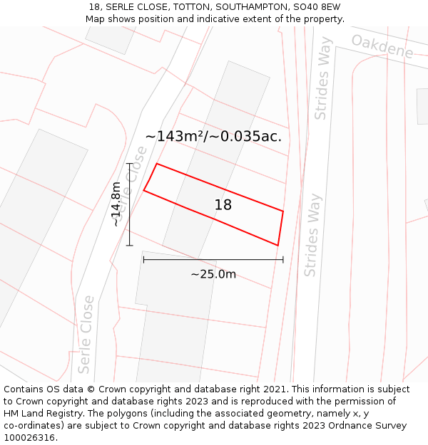 18, SERLE CLOSE, TOTTON, SOUTHAMPTON, SO40 8EW: Plot and title map