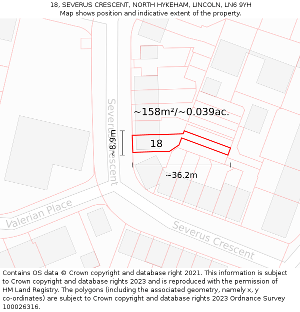 18, SEVERUS CRESCENT, NORTH HYKEHAM, LINCOLN, LN6 9YH: Plot and title map