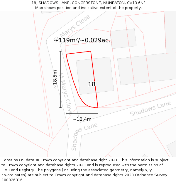 18, SHADOWS LANE, CONGERSTONE, NUNEATON, CV13 6NF: Plot and title map