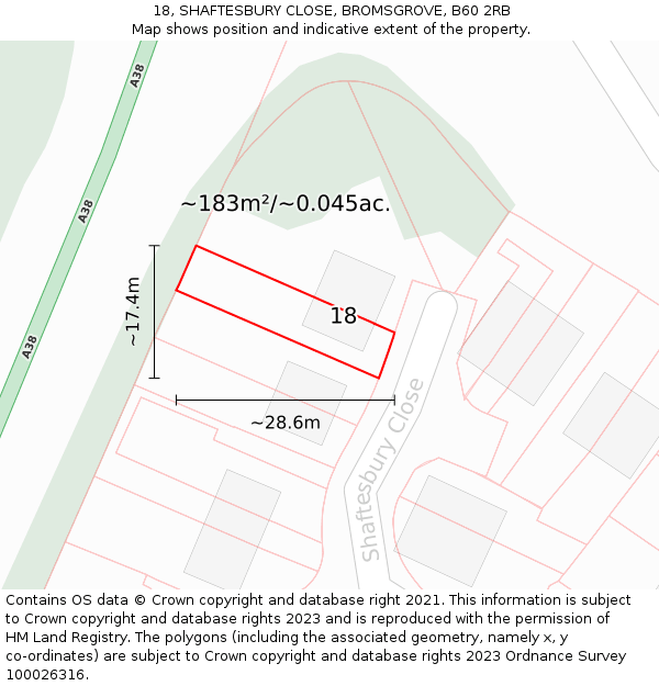 18, SHAFTESBURY CLOSE, BROMSGROVE, B60 2RB: Plot and title map