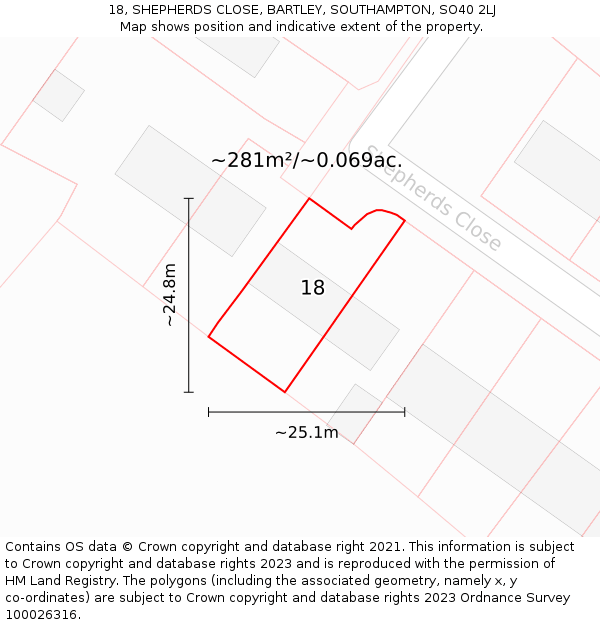 18, SHEPHERDS CLOSE, BARTLEY, SOUTHAMPTON, SO40 2LJ: Plot and title map