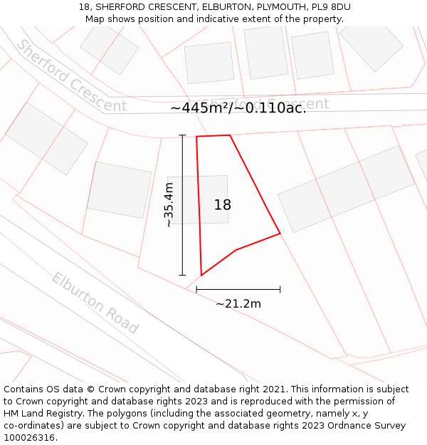 18, SHERFORD CRESCENT, ELBURTON, PLYMOUTH, PL9 8DU: Plot and title map