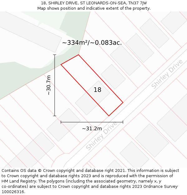 18, SHIRLEY DRIVE, ST LEONARDS-ON-SEA, TN37 7JW: Plot and title map