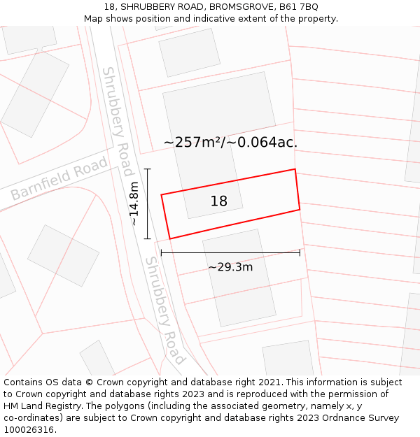 18, SHRUBBERY ROAD, BROMSGROVE, B61 7BQ: Plot and title map