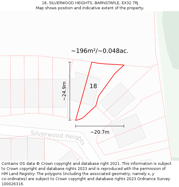 18, SILVERWOOD HEIGHTS, BARNSTAPLE, EX32 7RJ: Plot and title map