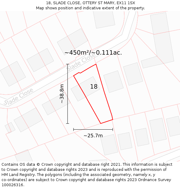 18, SLADE CLOSE, OTTERY ST MARY, EX11 1SX: Plot and title map