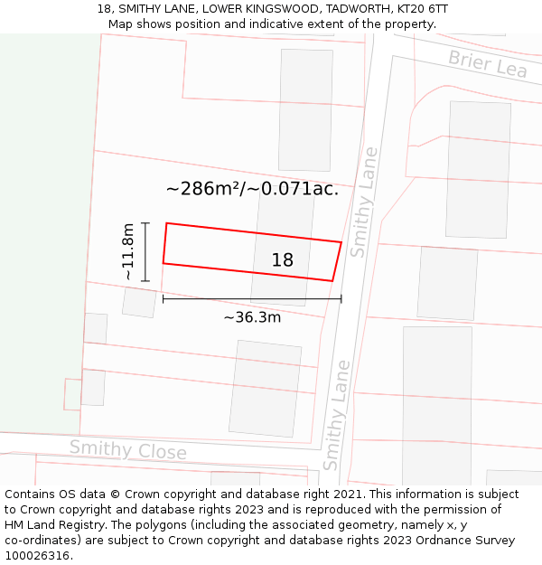 18, SMITHY LANE, LOWER KINGSWOOD, TADWORTH, KT20 6TT: Plot and title map