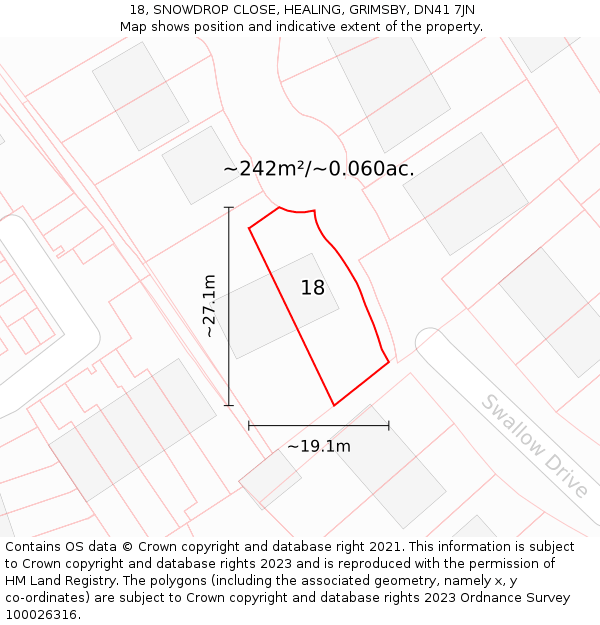 18, SNOWDROP CLOSE, HEALING, GRIMSBY, DN41 7JN: Plot and title map