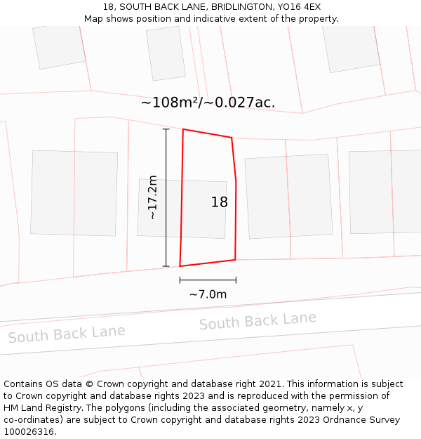 18, SOUTH BACK LANE, BRIDLINGTON, YO16 4EX: Plot and title map