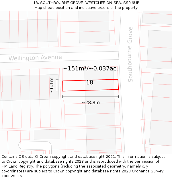 18, SOUTHBOURNE GROVE, WESTCLIFF-ON-SEA, SS0 9UR: Plot and title map