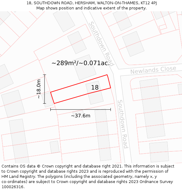 18, SOUTHDOWN ROAD, HERSHAM, WALTON-ON-THAMES, KT12 4PJ: Plot and title map